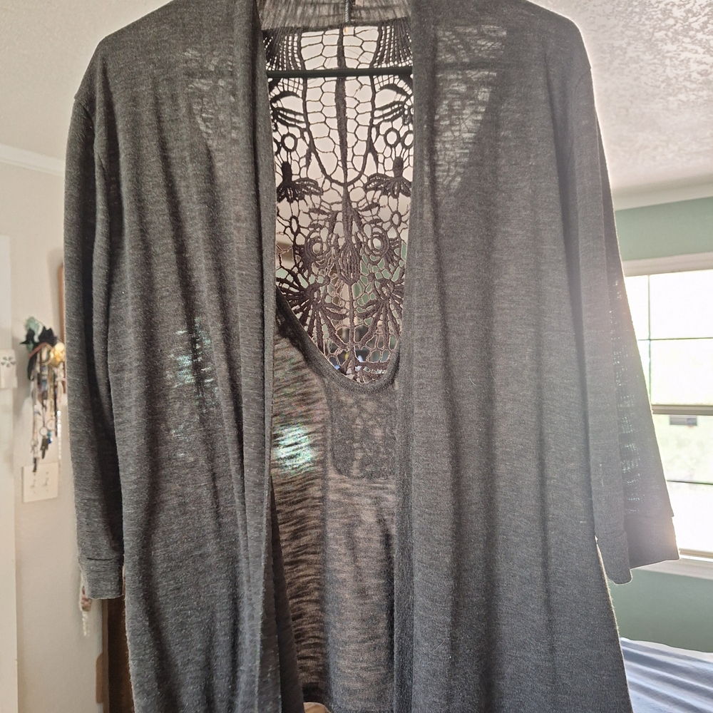 Brown Open-Front Sweater with Lace Back